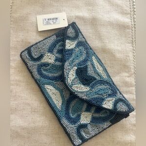 Navy Satin Beaded Clutch | Embroidered Evening Bag | New with Tags